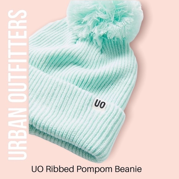 Urban Outfitters UO Ribbed Pompom Green Mint Beanie NWT ❄️🍁 - Picture 2 of 8
